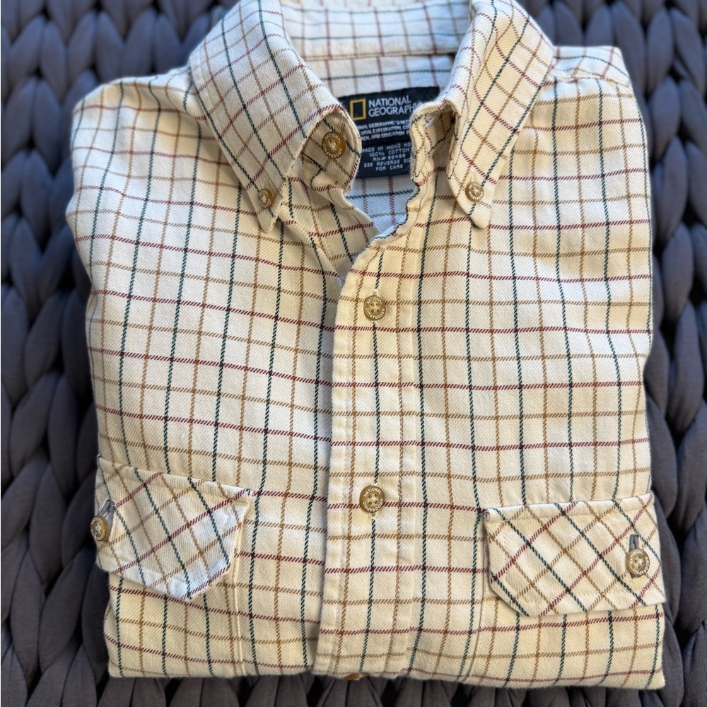 National Geographic Men's Cream Checkered Shirt L